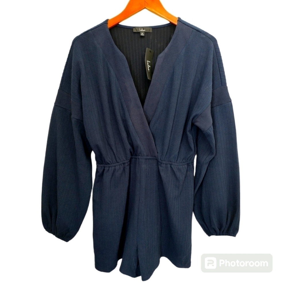 Lulu's Navy Surplice Long Sleeve Short Romper